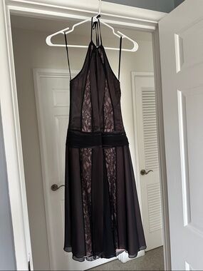 BCBGMaxAzria Black and Dark Plum Backless Lace-Panel Halter Dress